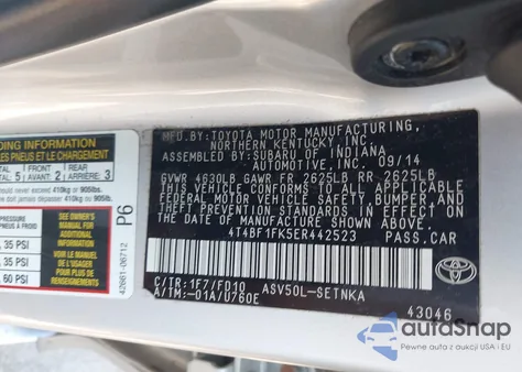 2014 Toyota Camry Le из США, поврежденный, VIN 4T4BF1FK5ER442523